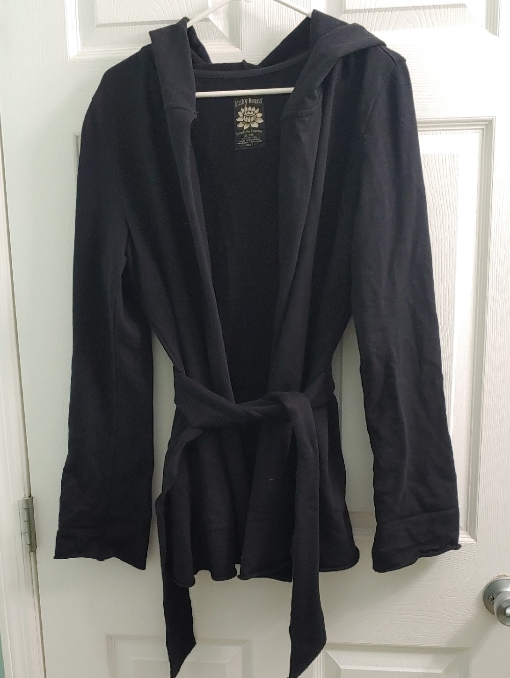 Vintage Lucky Cardigan Hooded Black Belted Wrap Sweater Women's Size L
